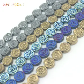 

Free Shipping 12mm Nice Flat Flower Double Carved Natural Hematite Gems Stone Spacer Beads Strand 15"