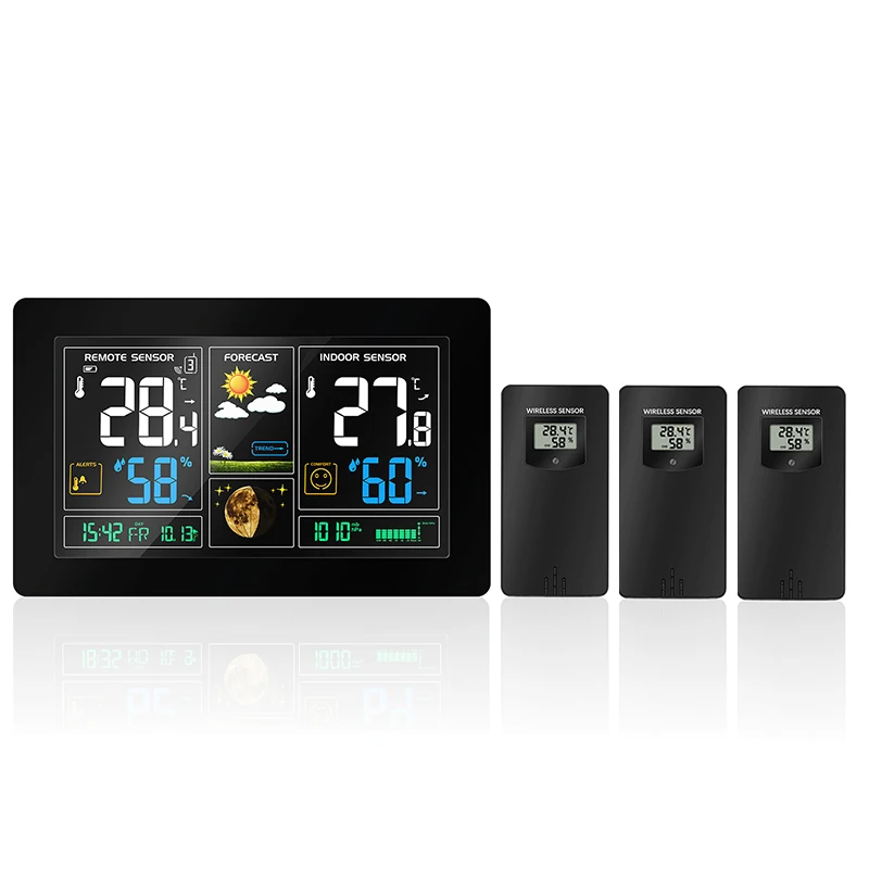 Baratos 3 sensores al aire libre Estación Meteorológica Inalámbrica Color pantalla LCD temperatura humedad tiempo pronóstico RCC alarma despertador