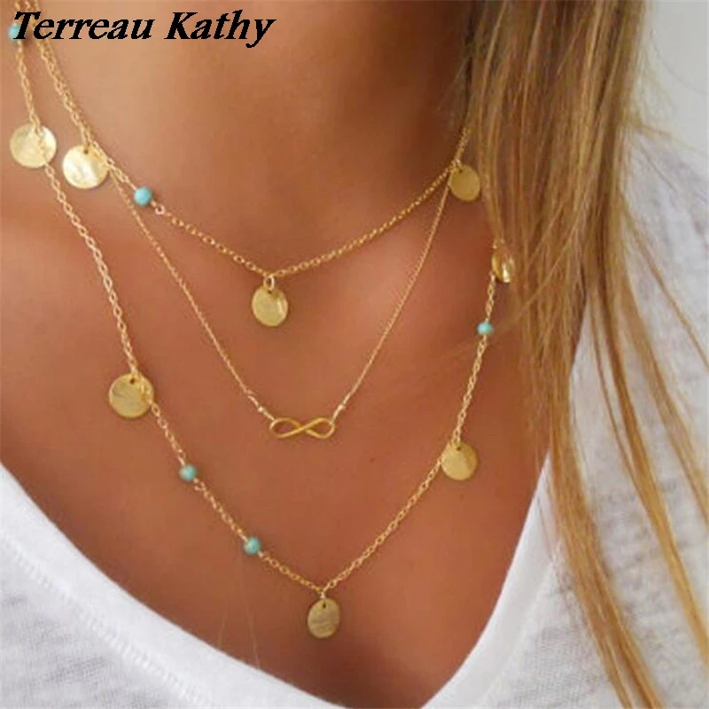 Multi Layer Gold Color Tassel Infinity Necklace for Women Chain Jewellery Bohemian Choker Colar collier | Украшения и аксессуары
