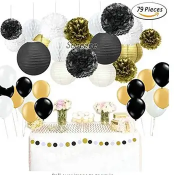 

79 Pcs Black Gold Party Decoration Party Decor Tissue Paper Pom Pom Tissue Paper Garland and Latex Balloons Wedding Decoration
