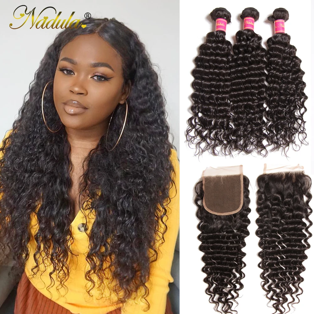 

Nadula Hair With Closure Deep Wave Brazilian Hair With Lace Closure 100% Human Hair Bundles With Closure Natural Color Remy Hair