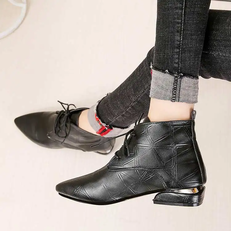 Shoes women boots 2019 fashion solid lace-up PU leather ankle boots women shoes square heel boots women sneakers casual shoes (3)