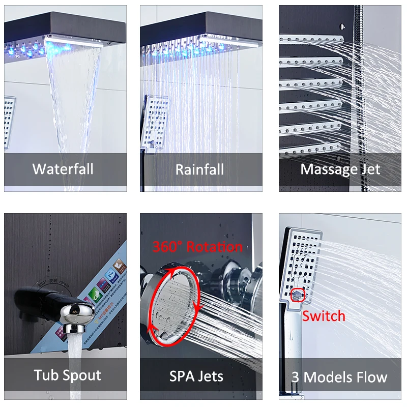 Quyanre черный светодиодный душ панель дождь водопад душ температурный экран Массаж Спа струи три ручки смеситель кран раковина кран Набор