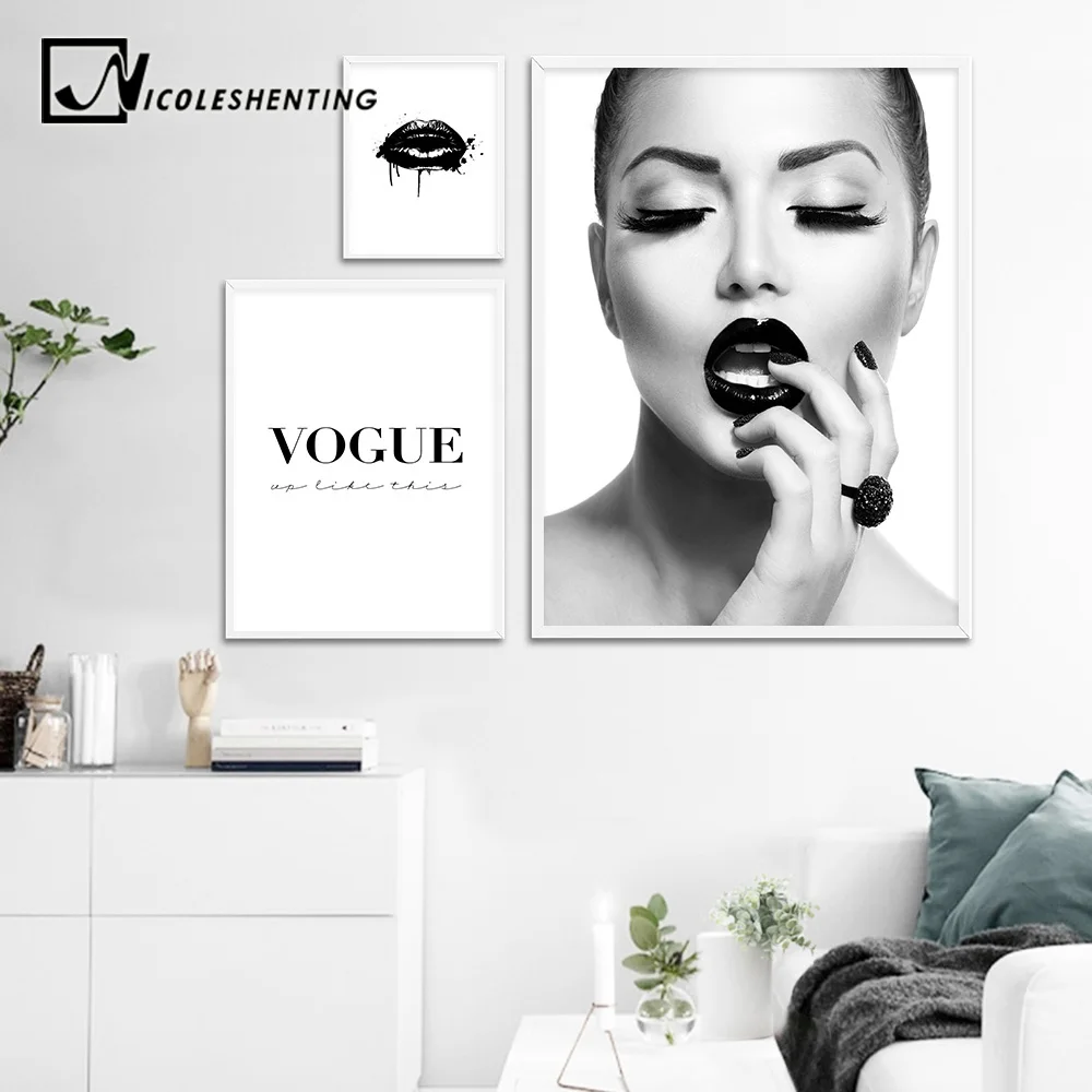 

Black Lips Fashion Girl Canvas Art Posters and Prints Scandinavian Painting Wall Picture for Living Room Modern Home Decoration