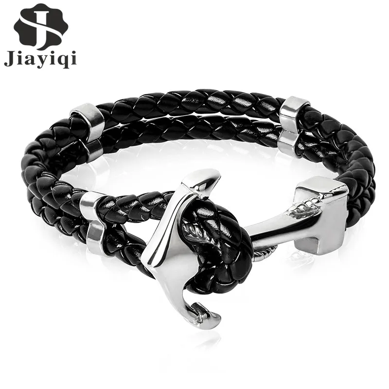 Jiayiqi 2017 Fashion Stainless Steel Anchor Bracelet Men Black Braided Cowhide Leather Rope Bracelets Wrap Punk Charm Jewelry anchor pu leather braided bracelet