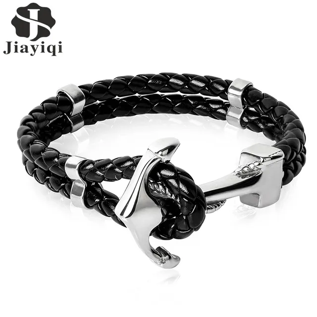 Jiayiqi 2017 Fashion Stainless Steel Anchor Bracelet Men Black Jiayiqi 2017 Fashion Stainless Steel Anchor Bracelet Men Black Braided Cowhide Leather Rope Bracelets Wrap Punk