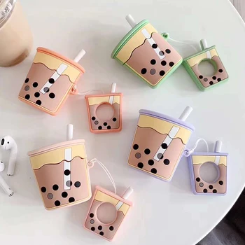 

For AirPods 2 Case Cartoon Cute Soft Milk Bubble Tea Drink Bottle Earphone Protect Cover For Airpods 2 1 with Finger Ring Strap