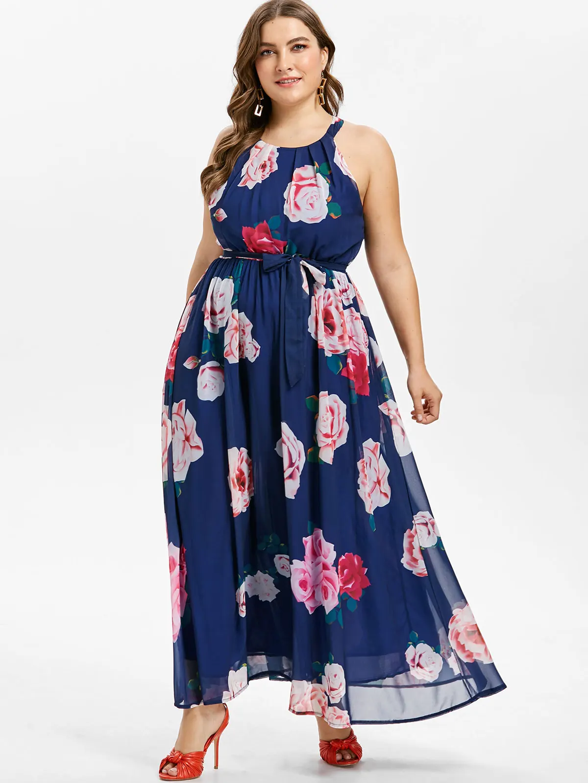 Kenancy 4XL Plus Size Belted Flower Maxi Dress-in Dresses from Women's ...