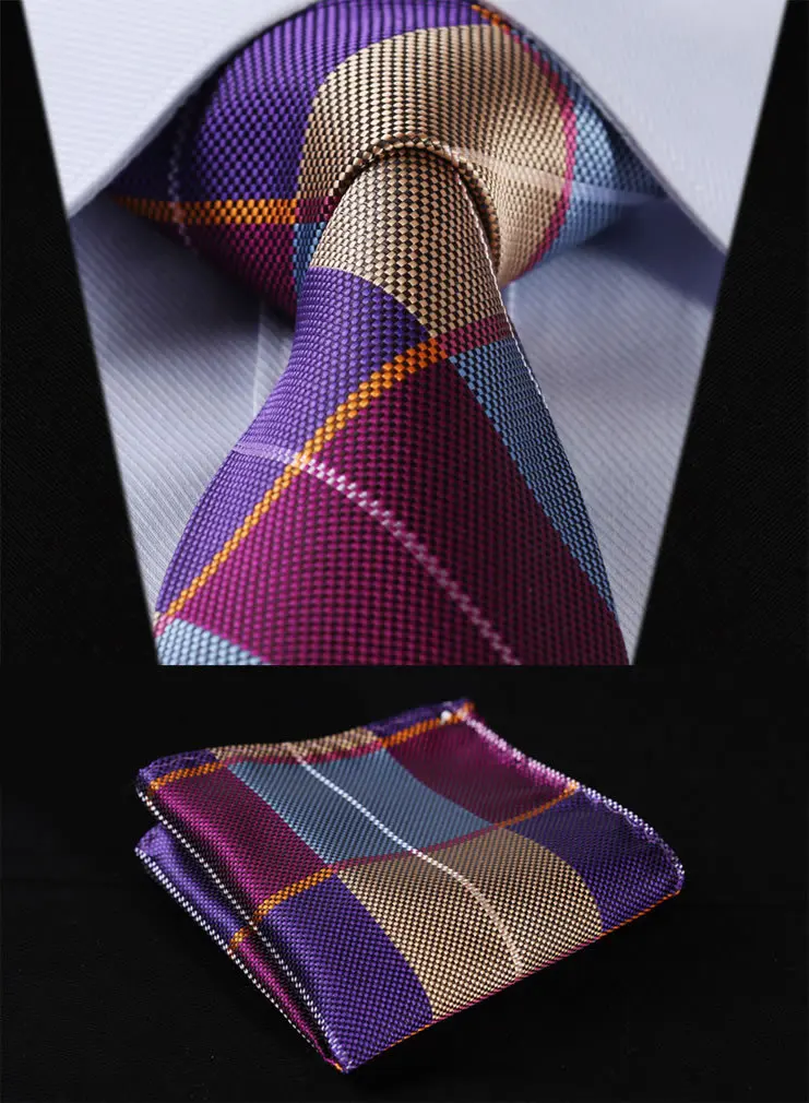 

TC501B8 Blue Purple Check 3.4" 100%Silk Wedding Jacquard Woven Men Tie Necktie Pocket Square Handkerchief Set Suit