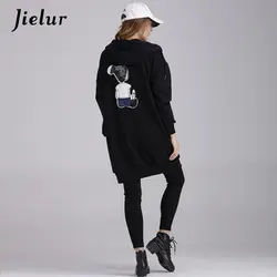 Jielur толщиной велюр теплая толстовка с капюшоном для Для женщин Прекрасный мультфильм накладной карман черный Толстовки Zip-Up с длинным