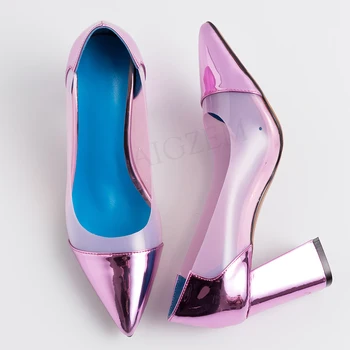 

LAIGZEM Shiny Women Pumps Clear TPU Chunky Slingback Heel Shoes Casual Shoes Shallow Shoes Sexy Pointed Toe Shoes Size 34-43.