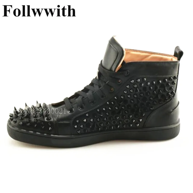 

2018 Follwwith Brand High Top Style Flats Irregular Spike Rivets Black Leather Sneakers Men Casual Shoes Lace Up Plus Size 46