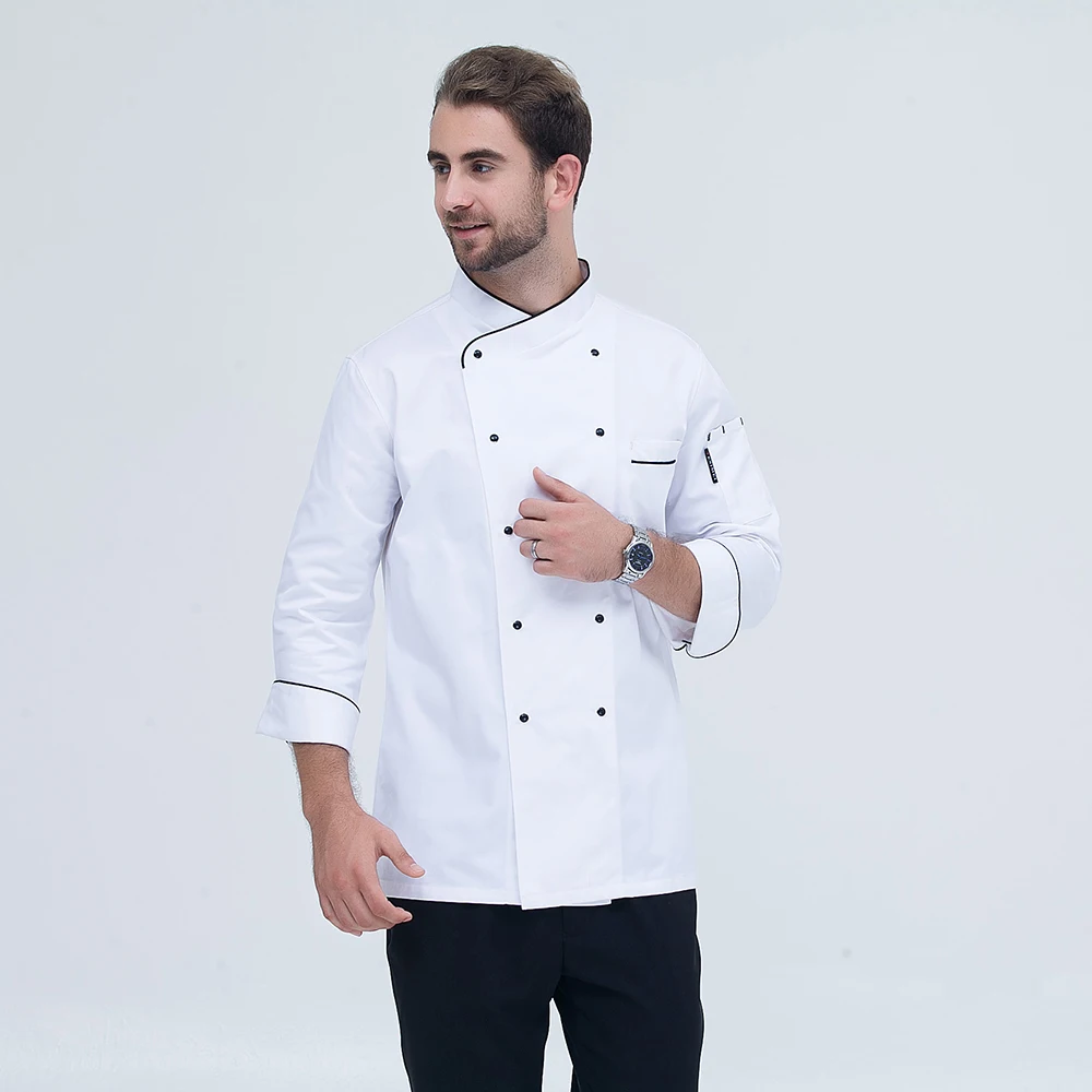 Chef Uniforms Long-sleeved Double Breasted Oblique Collar Kitchen Bakery Restaurant Cooking Workwear Chef Jacket White M-3XL image 3