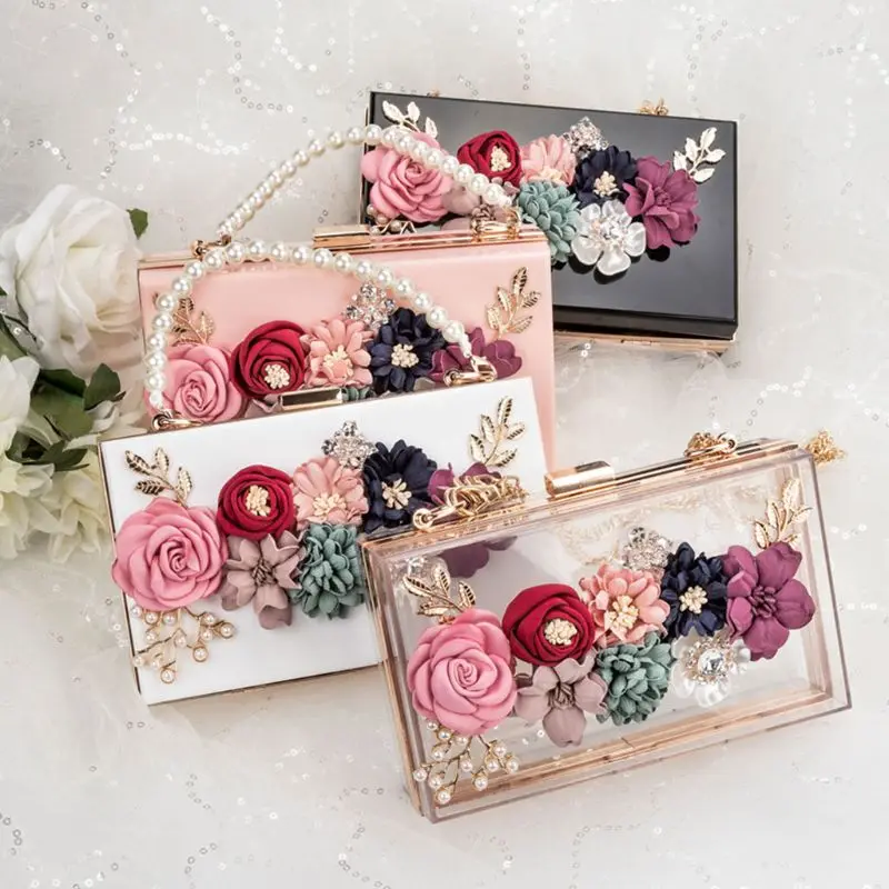 

Women Acrylic Flower Clutches Crossbody Floral Purse Beaded Evening Bags For Wedding Prom Party Luxury Handbags Women Bags 2019