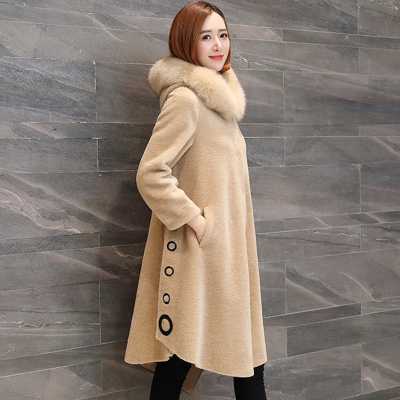 

Women Real Fur Coat Sheep Shearling 100% Wool Jacket Winter Jacket 2019 Korean Warm Hooded Overcoat Manteau Femme 9612 YY400