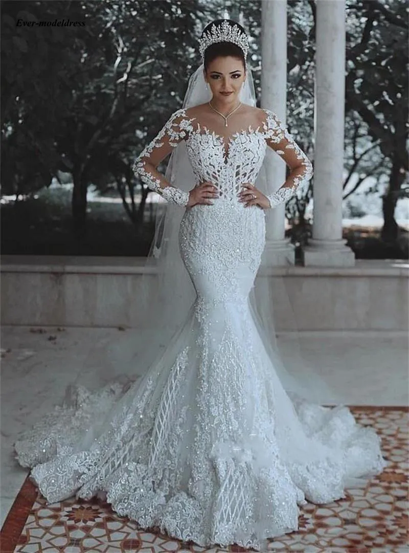 

Vestido De Noiva Sexy Long Sleeves Lace Wedding Dress 2020 Sheer Neckline Appliques Sequins Arabic Bridal Gowns Abiti Da Sposa