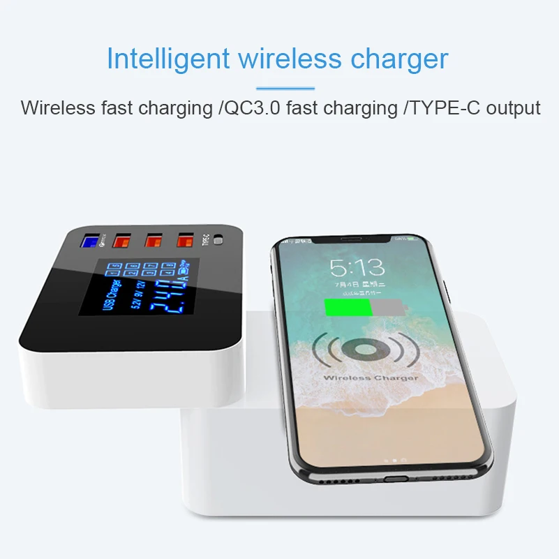 QC 3.0 Fast Charging Smart USB Type-C LED Screen Charger Holder for iPhone 8 Samsung S9 Qi Wireless Charger Power Adapter