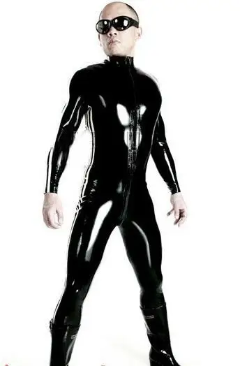 Сексуальный мужской черный комбинезон из лакированной кожи размера плюс S-3XL, виниловый латексный облегающий наряд для бондажа, трико, боди, Клубная одежда с двойной молнией