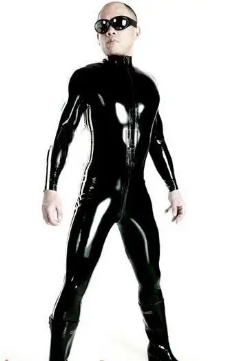 

Plus Size S-3XL Sexy Men Black Patent Leather Jumpsuit Vinyl Latex Bondage Catsuit Wetlook Leotard Bodysuit Clubwear Double Zip