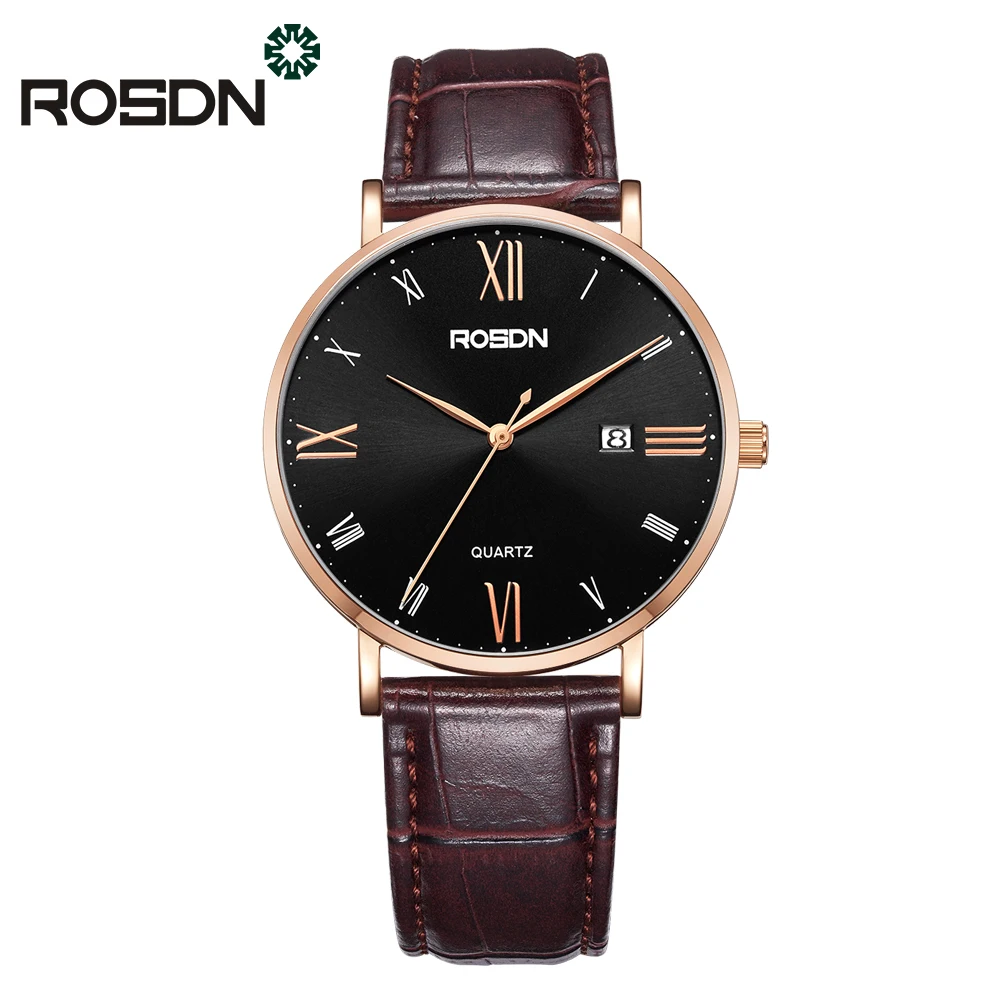 

ROSDN Quartz wrist watch Luxury Brand Fashion Casual Waterproof Genuine Leather watchband mens sports watches relogio masculino