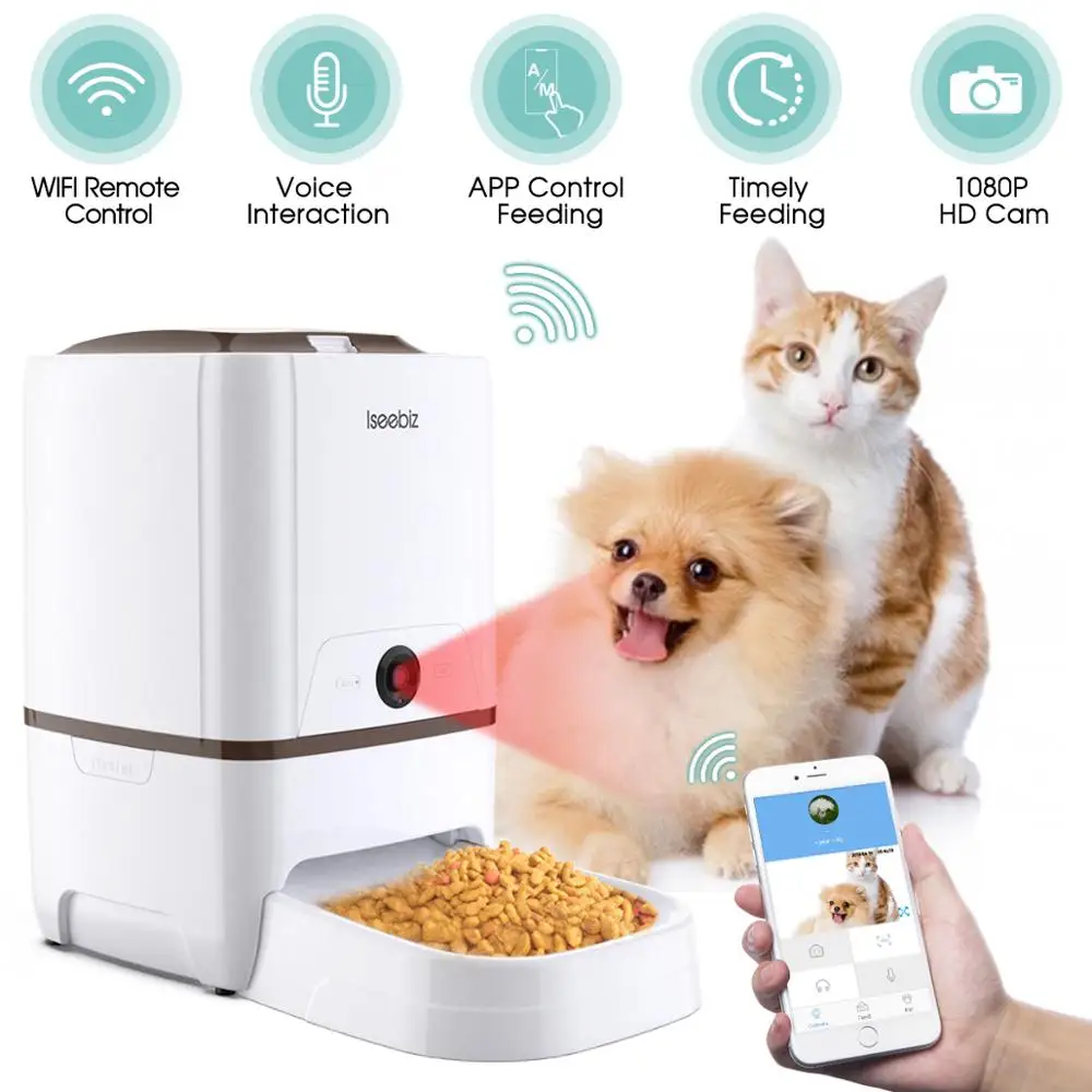 

Iseebiz 6L Pet Feeder Wifi Remote Control Smart Automatic Pet Feeder Dogs Cat Food Rechargable With Video Monitor High Quality