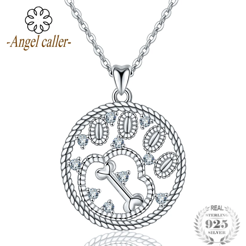 

Angel Caller Genuine 925 Silver Dog Paw Pendant Zircon Rhodium Mixed Bone Pendants Necklace Charm Chain 18 inch for Women Girls