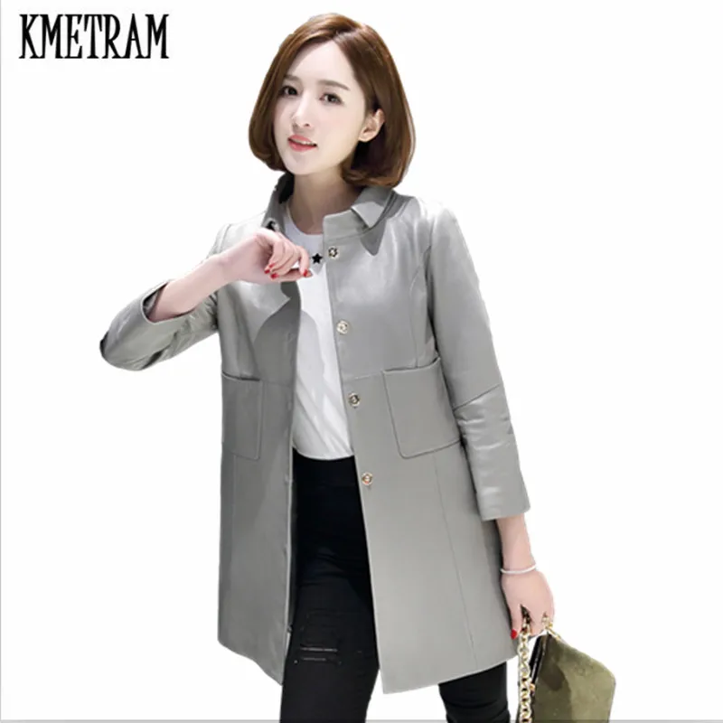 

KMETRAM 2019 New Spring Autumn 100% SheepSkin Leather Jacket Women Ladies Jacket Slim Gray Genuine Leather Casaco Feminino HH797