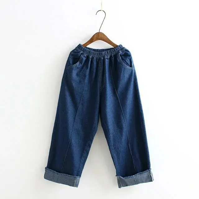 

Original Design 2017 Spring Simple Burr Loose Waist Loose Large Code Casual Cowboy Wide Leg Pants Straight Long Pants Female
