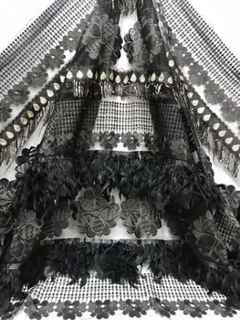 

2019 New Design African Lace Fabric High Quality French Black Gold Line Embroidered Tulle Lace Fabric with Sequins