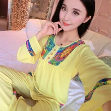 Женские пижамы, весенне-осенняя одежда для сна с длинными рукавами, хлопковые пижамы с принтом, Женский комплект свободных пижам для дам, большие размеры