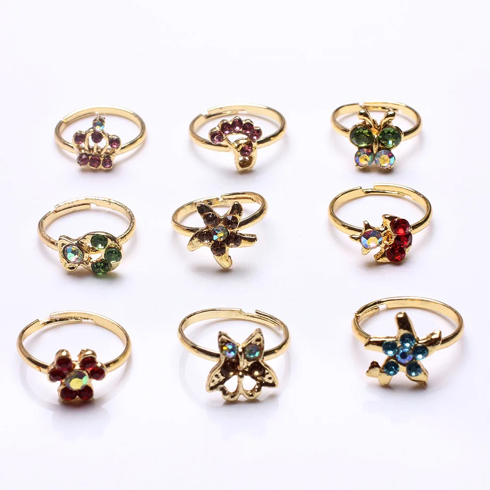 Смешанные 100 шт., различные кольца с мультяшными кристаллами, регулируемые кольца для девочек, смешанные стили, вечерние кольца, подарок, ювелирные изделия с витриной