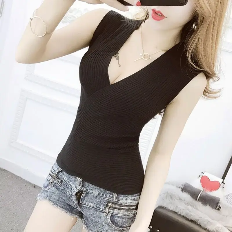 Camiseta Tirantes Mujer, жилет с глубоким v-образным вырезом, летние эластичные облегающие трикотажные топы без рукавов