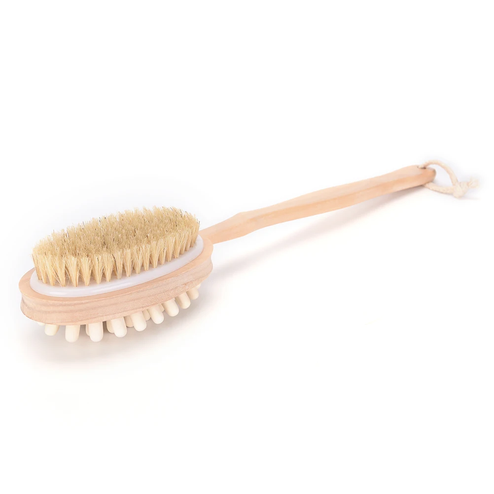Buy 1PCS 2 in 1 Sided Wooden Natural Bristles Scrubber Long Handle Shower Bath