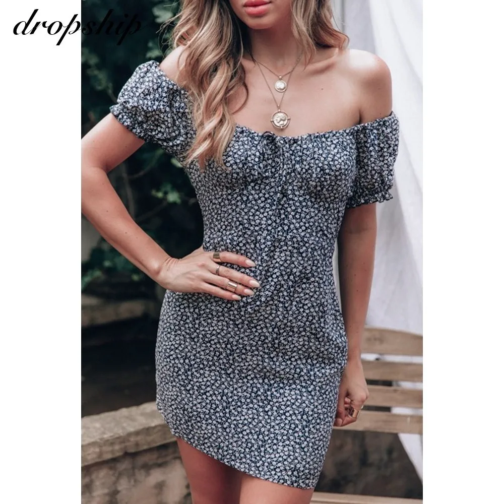 

Dropship Dress Summer Women Dresses Sexy Neon 2019 Beach Boho White Vestidos Sundress Mini Print Dot Slash Neck Short Sleeve