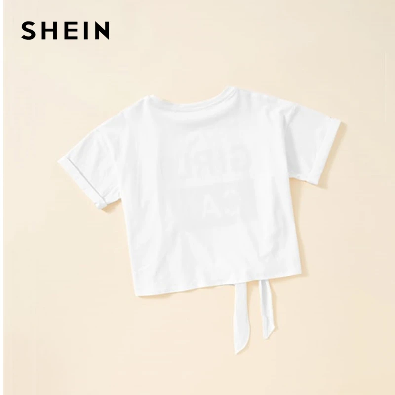 SHEIN كيدي الصلبة الأبيض عقدة الجرافيك إلكتروني طباعة أطفال تي شيرت الفتيات قمم 2019 الصيف قصيرة الأكمام عارضة المحاصيل الاطفال قمصان المحملة