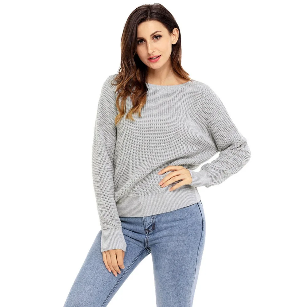 

2019 Spring Women Fashion Loose Woven Sweater Solid Color Pullover