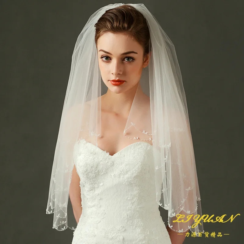 

Ivory Short Bride Veil Two-Layer Floral Pearl Wedding Veil With Comb Elbow Length Veil Luxury Simple Bridal Veil LT049