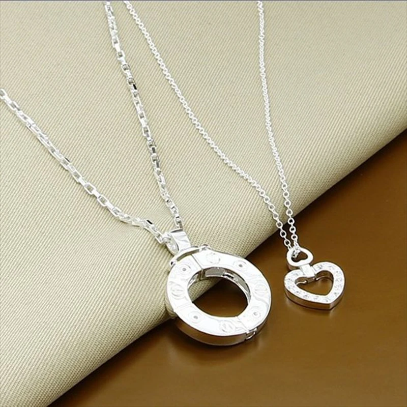 

Silver Lovers' Jewelry Set 925 Sterling Silver Jewelry Heart Round Necklace Set Women Men Couple Gifts