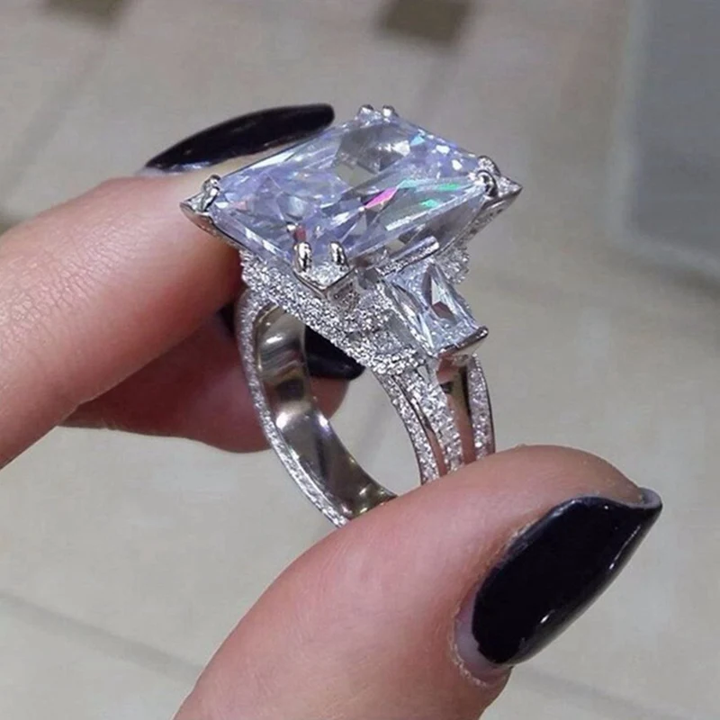 Женский свадебный квадратный большой циркониевый 925 пробы Серебряное кольцо на палец браслет "Пальмовые Листья" женский свадебный ювелирный набор - Окраска металла: ring size 7