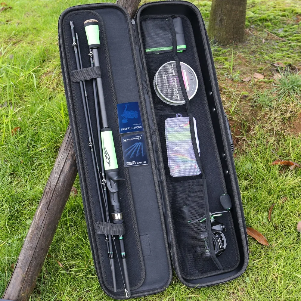 Potência de Fibra Sougayilang Seção Carbono Baitcsting Haste Kit Completo Conjunto Carretel Fundição 100 Linha Pesca Iscas Ganchos Gabarito Cabeça 4 m 24 fundição 100 m linha pesca iscas ganchos gabarito cabeça pesca
