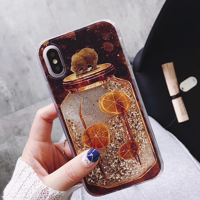 

For iPhone 6 6S 7 8 Plus X Cases Simple Retro Original Ecology Bear Soft PC Clear Bottle Dynamic Liquid Quicksand Phone Case