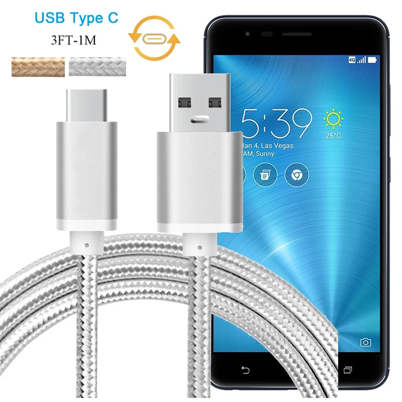 Нейлоновый зарядный кабель USB Type C для Asus ZenFone 3 Zoom ZE553KL AR ZS571KL ZE552KL 1 синхронизации