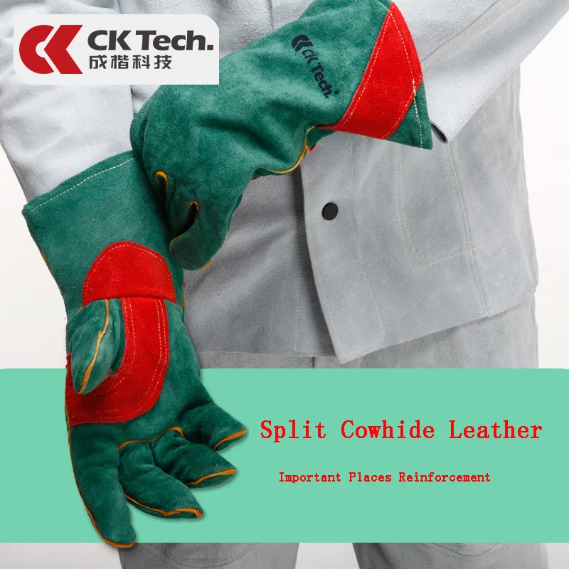 

CK Tech. Green Welders Gloves Cow Split Leather Thickened Fireproof Welding Work Security Protection Gloves Heat Resistant