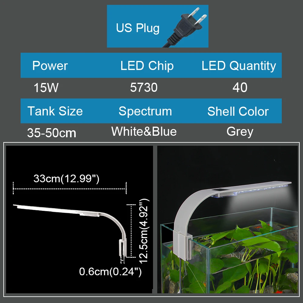 Senzeal X9 супер тонкий светодиодный светильник для аквариума, светильник для аквариума с зажимом, светильник для растений, светильник для выращивания 15 Вт, лампа для пресноводного аквариума 220 В/110 В - Цвет: US-Light gray-110V