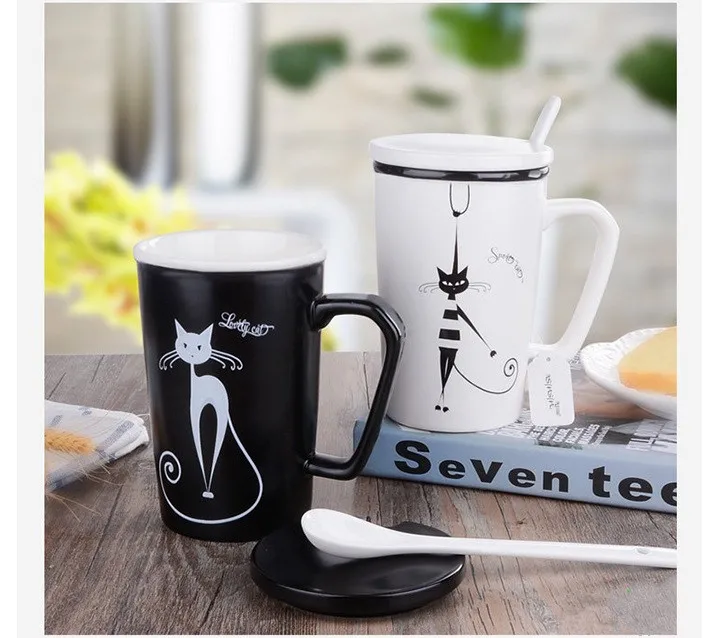 

Cat Mark Coffee Cup Creative Ceramic Cup Simple Personality Couple Cup with Cover and Spoon