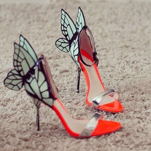 

Hot Orange Patent Leather Women Open Toe Sandals Mixed Color Butterfly Wing Back Ladies Sexy High Heels Ankle Buckle Stilettos