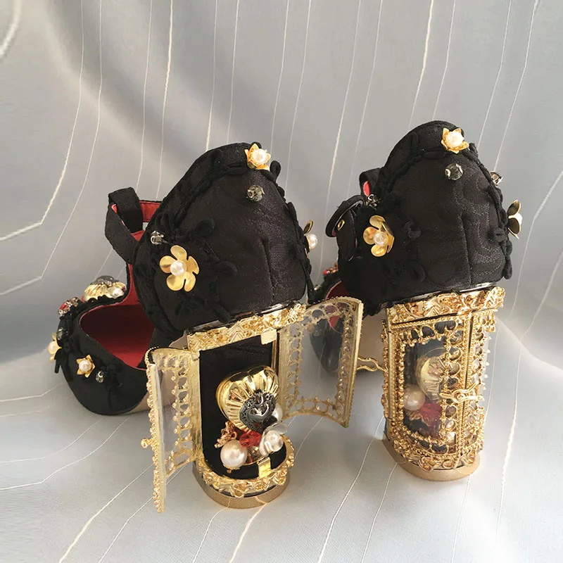 Phoentin/свадебные туфли с цветочным узором; коллекция года; роскошная дизайнерская обувь для женщин; прозрачные стразы; Открытый каблук; металлический Т-образный ремешок; вечерние туфли-лодочки; FT622