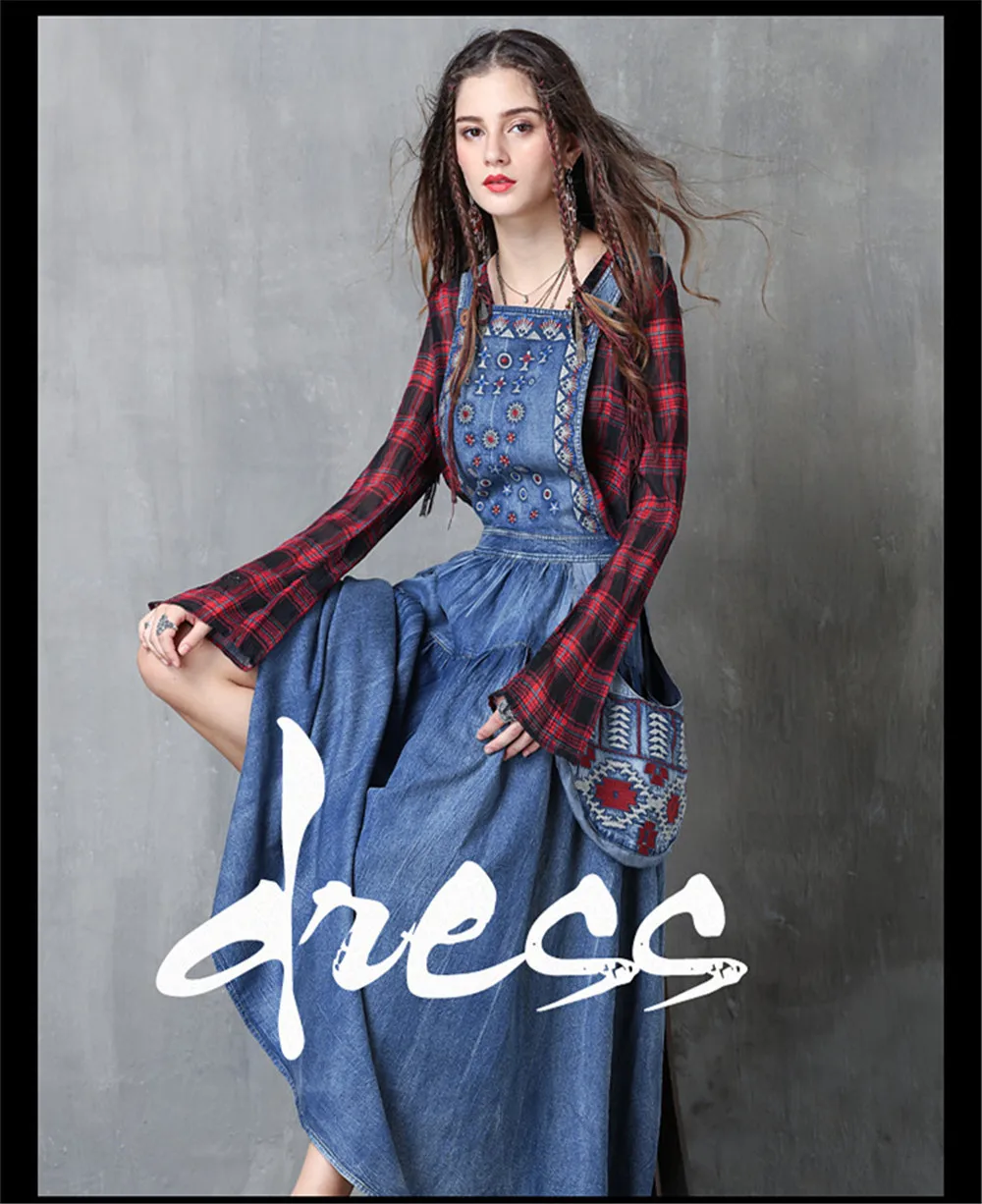 Vintage Autumn Dress Women 2017 Boho New Denim Vestidos Suspender Embroidery Patchwork Pocket Women long Dresses Vestido (2)