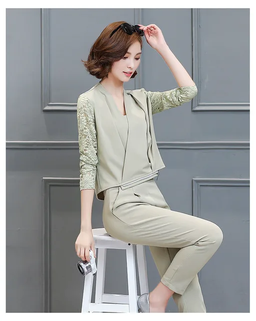 Runway Pants Suits 2018 Summer Women Pant Suit 2 Piece V neck Set Lace Patchwork Zip Blouse Top