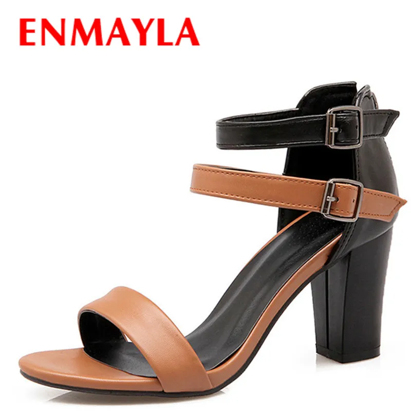 

ENMAYLA Square Heel Buckle Strappy Sandals Women Mixed Colors High Heels Sandals Female Brown White Concise Office Lady Shoes